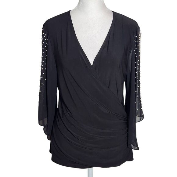 S. Levine Black Dressy Blouse with Slit Sleeves and Pearl Accent Size Small - Picture 2 of 9